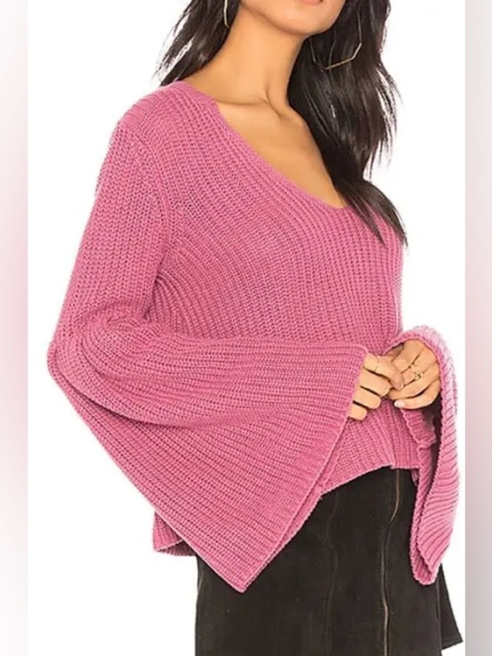 Free People Damsel V-Neck Bell Sleeve Chunky Knit Cotton Sweater Mauve Rose S